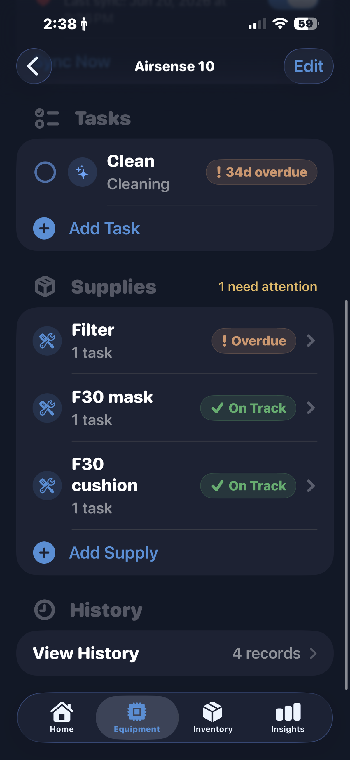 Supplies screen